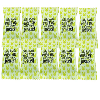 Silky Raffia Easter bags with bunny pattern and text on a white background