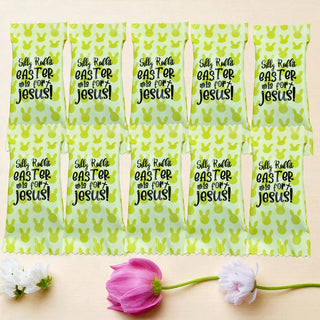 Silly Rabbit Easter bags with text and bunny patterns on a light background with flowers.