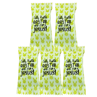 Four yellow and white Easter-themed pillows with text on a white background