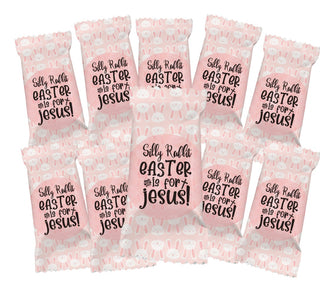Pink Easter candy bags with text on a white background
