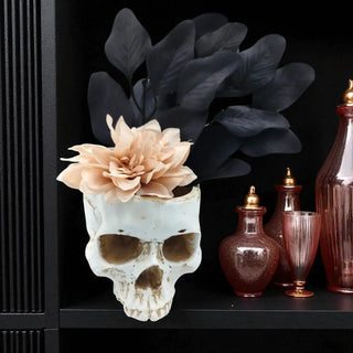 Decorative skull with a flower and other ornamental items on a dark surface