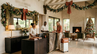 People at a reception desk in a warmly decorated room with Christmas decorations.