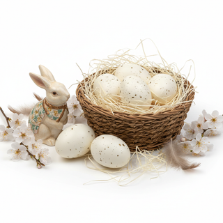 Decorative scene with eggs in a nest, a rabbit figurine, and cherry blossoms on a white background
