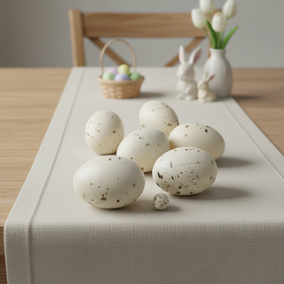 Decorative speckled eggs on a table with a basket of Easter eggs and a rabbit figurine in the background.