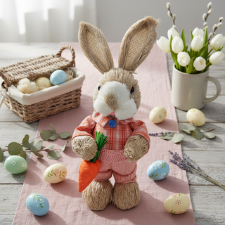 Decorative Easter bunny plush toy with eggs and flowers on a table.