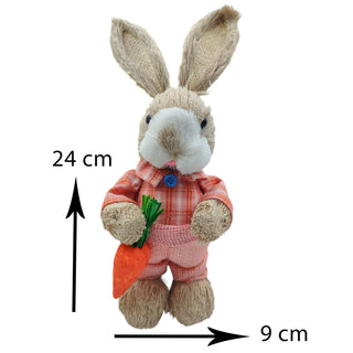 Stuffed rabbit toy with measurements on a white background