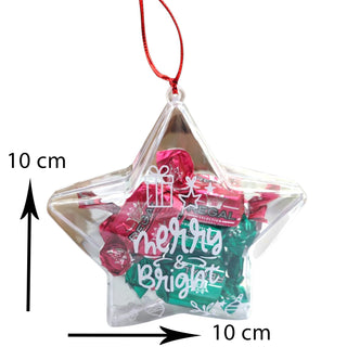 Star-shaped clear ornament with candy and 'merry & bright' text, size indicated.