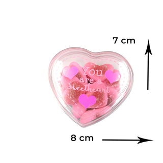 Heart-shaped container with pink hearts and 'You are a sweetheart' text, labeled dimensions on a white background.