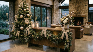 Decorated Christmas tree and floral arrangements in a cozy living room with stone walls and large windows.