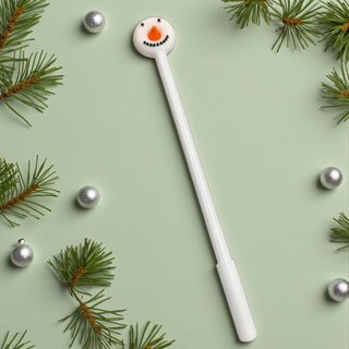 Snowman-themed straw with Christmas decorations on a light green background
