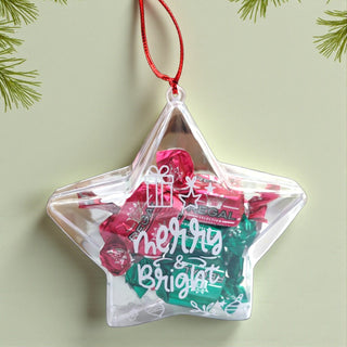 Star-shaped clear ornament with candy and 'Merry & Bright' text on a light green background