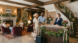 People at a hotel reception during the holiday season with Christmas decorations.