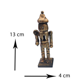 Small wooden robot figurine with measurements on a white background