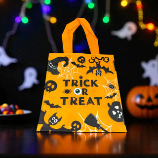 Halloween-themed treat bag with 'Trick or Treat' text and spooky designs on a festive background.
