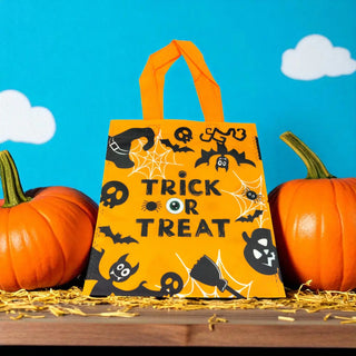 Halloween-themed orange bag with 'Trick or Treat' text and pumpkins on a blue background