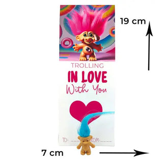 troll doll on a card with heart for valentines day