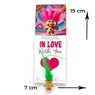 troll doll on a card with heart for valentines day