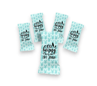 Four blue Easter eggs with bunny patterns and text on a white background