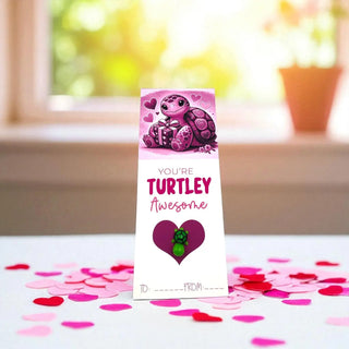 Valentine's Day card with turtle design and confetti on a blurred background