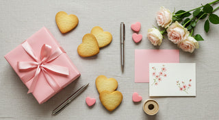 Pink gift box, heart-shaped cookies, roses, and stationery on a light surface