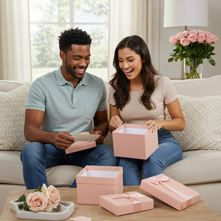 Man and woman sitting on a couch with pink gift boxes and flowers in a living room.