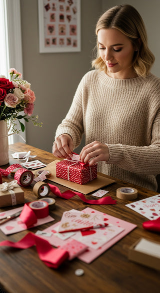 Woman wrapping a gift with Valentine's Day decorations on a table.