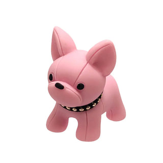 Pink dog-shaped toy with a black collar on a white background