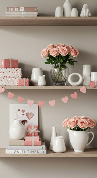 Decorative shelf with pink roses, heart garland, and Valentine's Day-themed items against a beige wall.