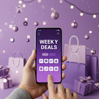 Hand holding a phone with 'Weekly Deals' app on a purple background with shopping bags and lights.