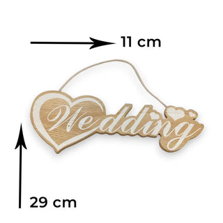wooden wedding sign with a tan string and a heart shape