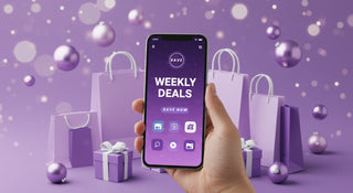 Hand holding a phone with a weekly deals app on a purple background with shopping bags and gifts.