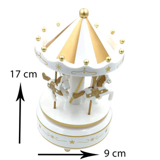 Decorative carousel model with gold accents and measurements on a white background