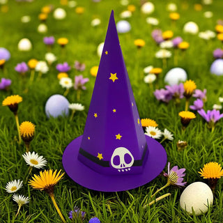 Purple witch hat with skull design on a grassy background with flowers