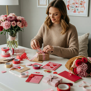 Woman preparing a gift with Valentine's Day decorations in a cozy room.
