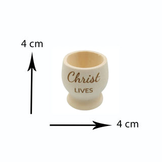 Small wooden cup with text, measurement indicators on a white background