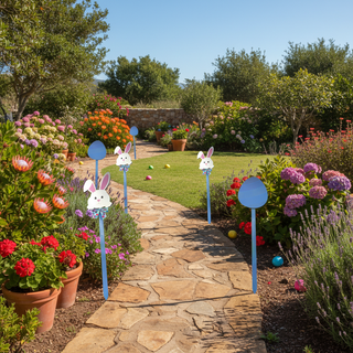 Garden pathway with decorative bunny signs and colorful flowers on a sunny day.