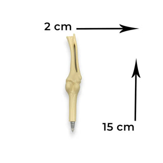 Bone-shaped pen with measurements on a white background