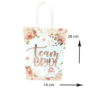 Gift bag with 'Team Bride' text and floral design, dimensions indicated.