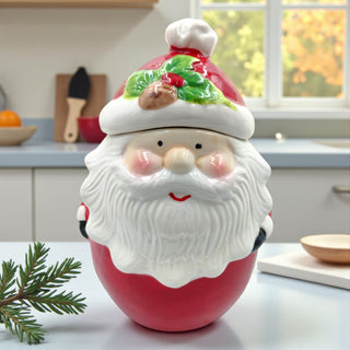 Whimsical Santa cookie jar with glossy ceramic finish, adding festive cheer to coffee stations and dessert tables.