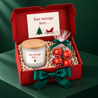 Personalised candle and Lindt Lindor Christmas gift box for staff, styled on a deep green background