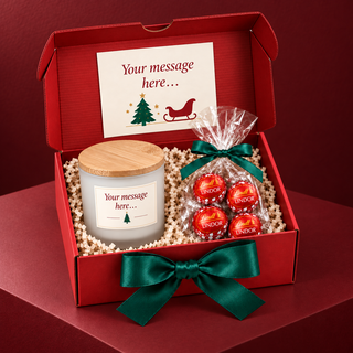 Personalised scented candle and Lindt Lindor corporate Christmas gift box on a red festive backdrop