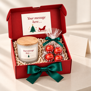 Branded Christmas gift box with frosted candle and Lindt Lindor truffles beside a blank gift card