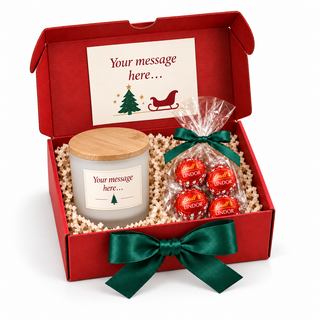 Corporate Christmas gift box with a personalised frosted glass candle and Lindt Lindor truffles in a red gift box