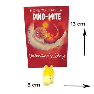 Dinosaur yellow with a card that says happy valentines day
