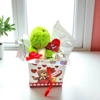 Green plush toy with a heart-shaped tag in a decorative box on a white surface.