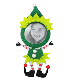 Elf-shaped photo frame with a smiling person's photo inside on a white background