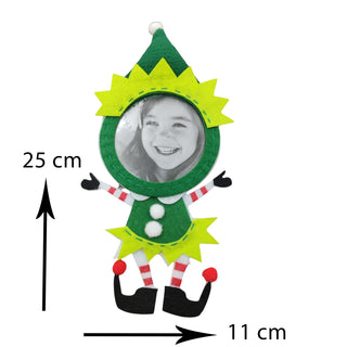 Green elf photo frame with measurements on a white background