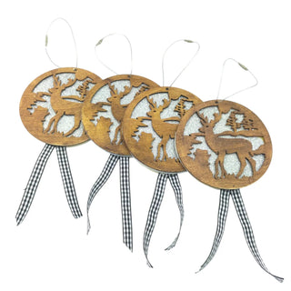 Set of four wooden reindeer Christmas ornaments with checkered ribbons on a white background