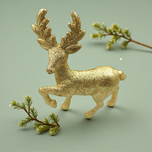 Gold deer ornament with green branches on a light green background. gold scandi aesthetic