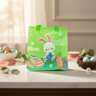Green Easter bag with a bunny design on a table with Easter decorations.